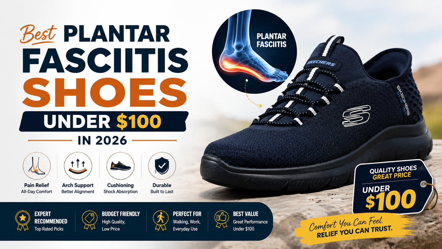 Best Plantar Fasciitis Shoes Under $100 in 2026 (Budget Picks That Actually Work) 1 Best plantar fasciitis shoes under 100 dollars 2026 including Skechers Arch Fit, OrthoComfoot, FitVille and AOV options for mid-range heel pain relief