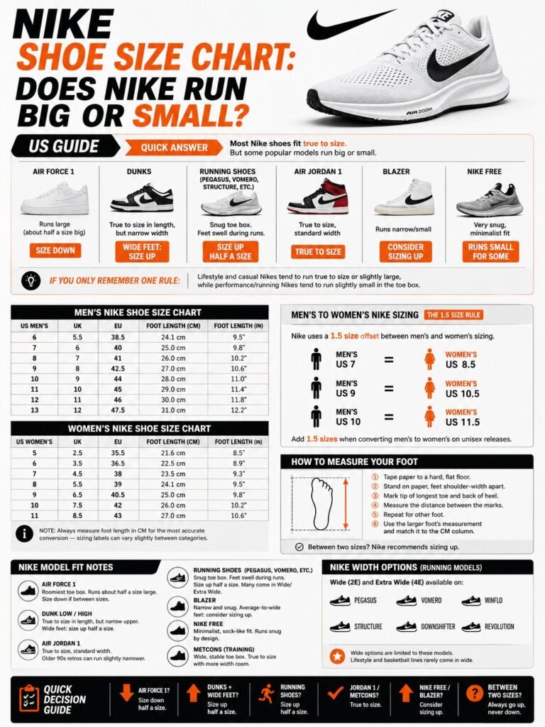 Nike shoe size chart infographic showing whether popular Nike models run big, small, or true to size, including Air Force 1, Dunks, Air Jordan 1, Pegasus running shoes, men's and women's size conversions, and foot measurement guide.