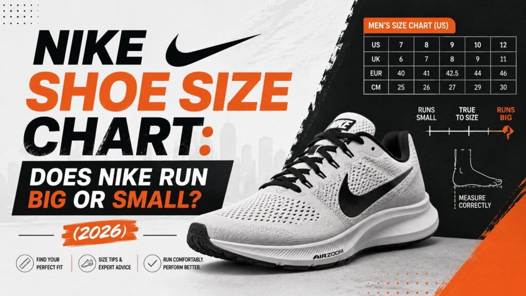 Nike shoe sizing infographic comparing Air Force 1, Dunks, Air Jordan 1, Pegasus, Blazer, and Nike Free fit recommendations with men's and women's size charts and sizing conversion guide.