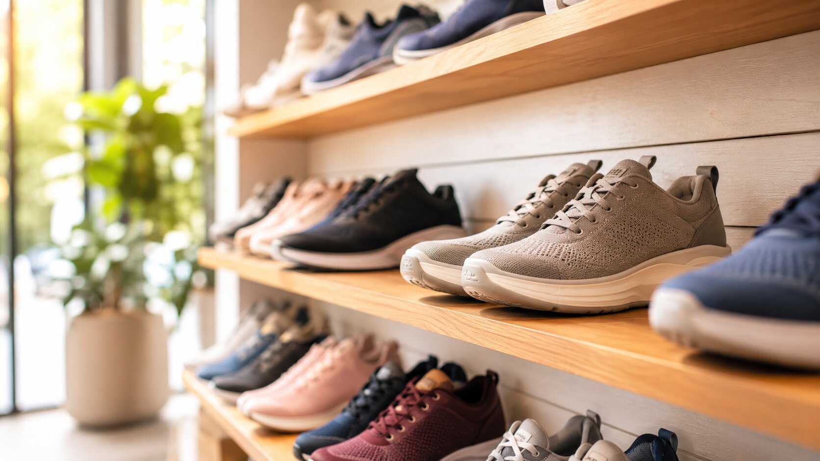 Plantar Fasciitis Shoes: The Complete 2026 Buying Guide 1 Wall of supportive walking and athletic shoes for plantar fasciitis in a US shoe store