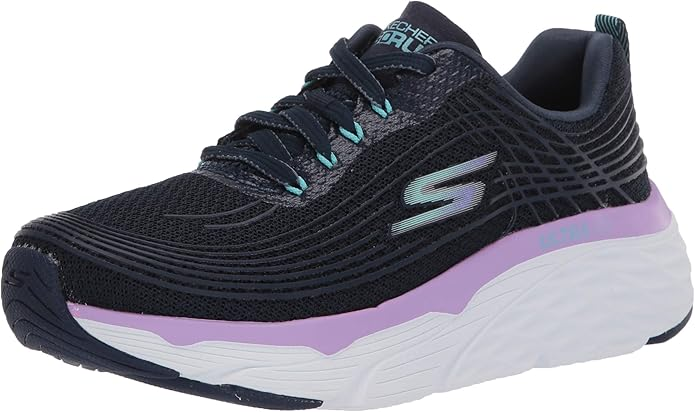 Skechers Women's Max Cushioning Elite in navy and lavender with Ultra Go cushioning platform for all-day plantar fasciitis relief