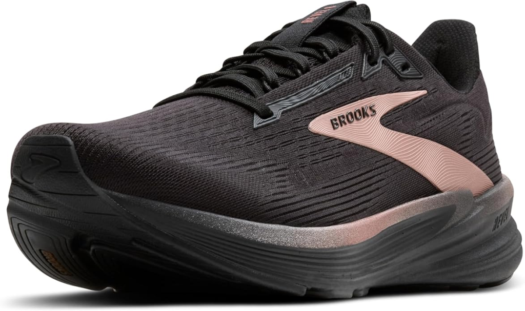 Brooks Women's Revel 8 running shoe in black and rose gold with APMA seal of acceptance and DNA Loft v2 cushioning for plantar fasciitis
