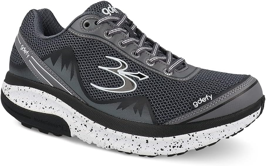 Gravity Defyer Men's Mighty Walk orthopedic shoe in grey with patented VersoShock technology and wide toe box for plantar fasciitis standing relief