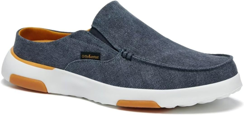 OrthoComfoot Men's Orthopedic Slip-On Loafers in denim with hard TPU arch support and metatarsal pad for male teachers with plantar fasciitis