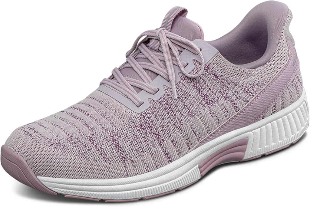 Orthofeet Women's Kita Hands-Free water-repellent slip-on sneaker in rose with anatomical arch support insole for teachers with severe plantar fasciitis