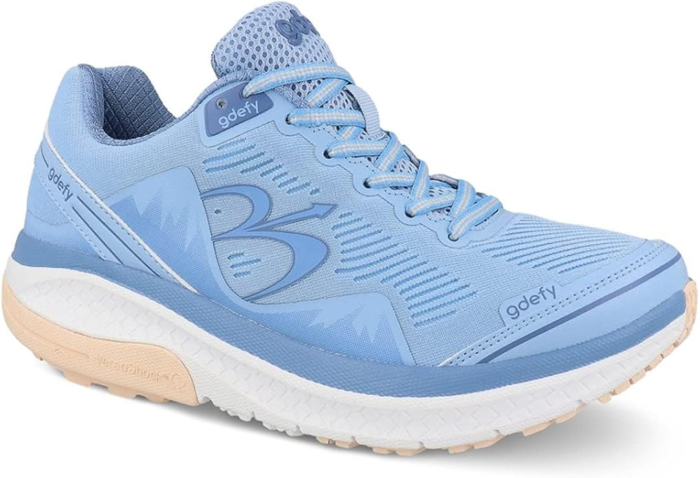 Gravity Defyer Women's Mighty Walk in blue and white with VersoShock technology and removable orthotics for plantar fasciitis gym use