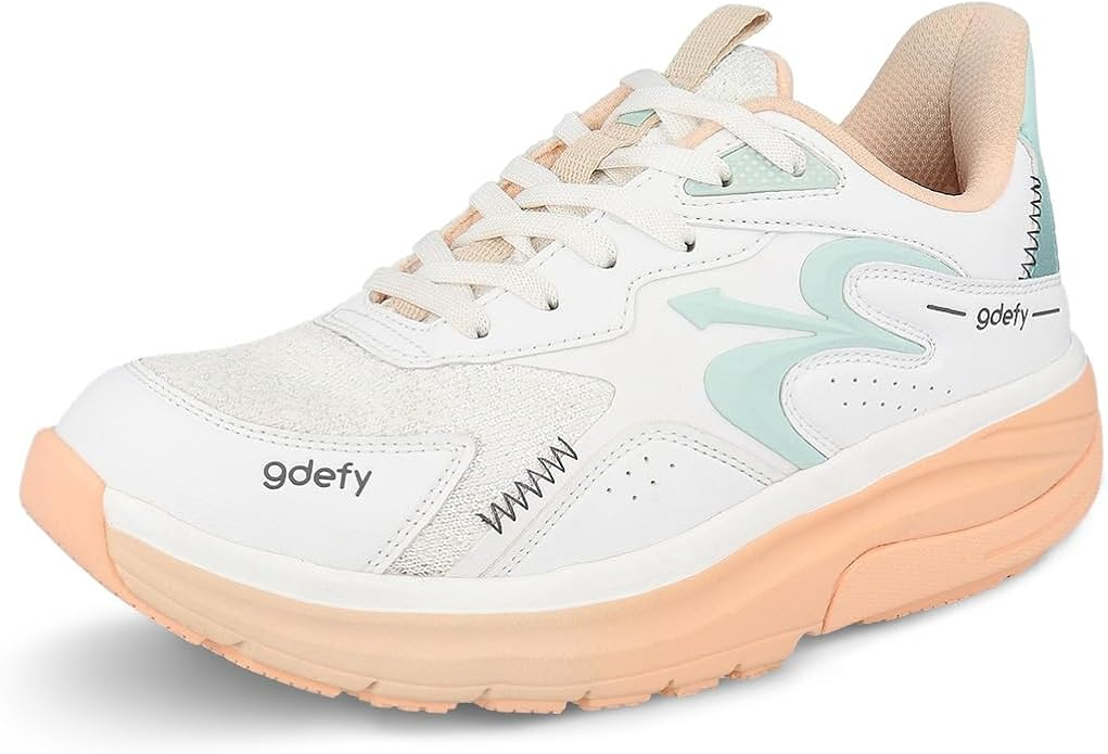 Gravity Defyer Women's Energiya cross trainer in white and peach with VersoShock spring cushioning for gym plantar fasciitis