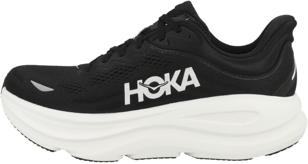 HOKA Men's Bondi 9 in black and white with 40mm EVA stack and slip-resistant outsole for plantar fasciitis