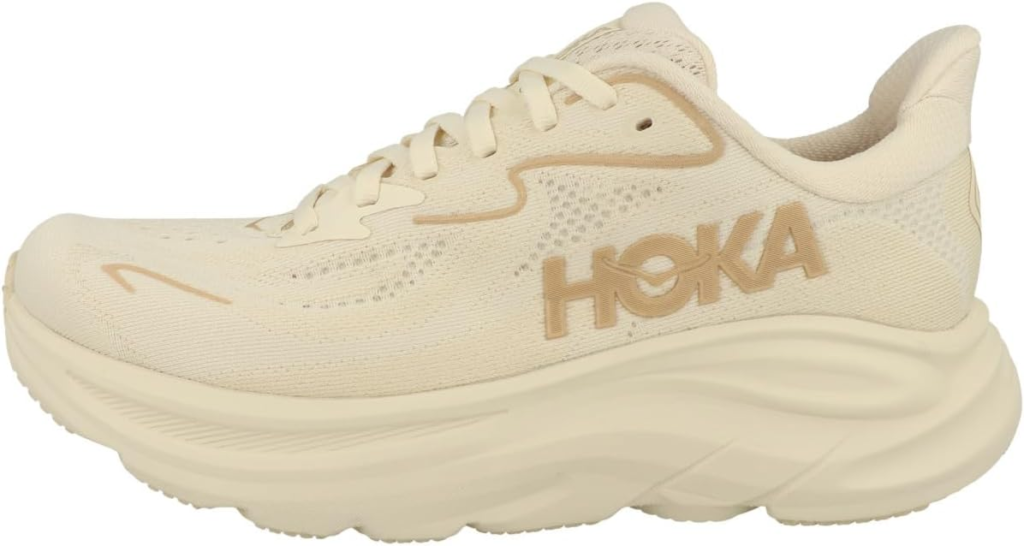 HOKA Women's Clifton 10 in vanilla and birch with jacquard knit upper for plantar fasciitis running