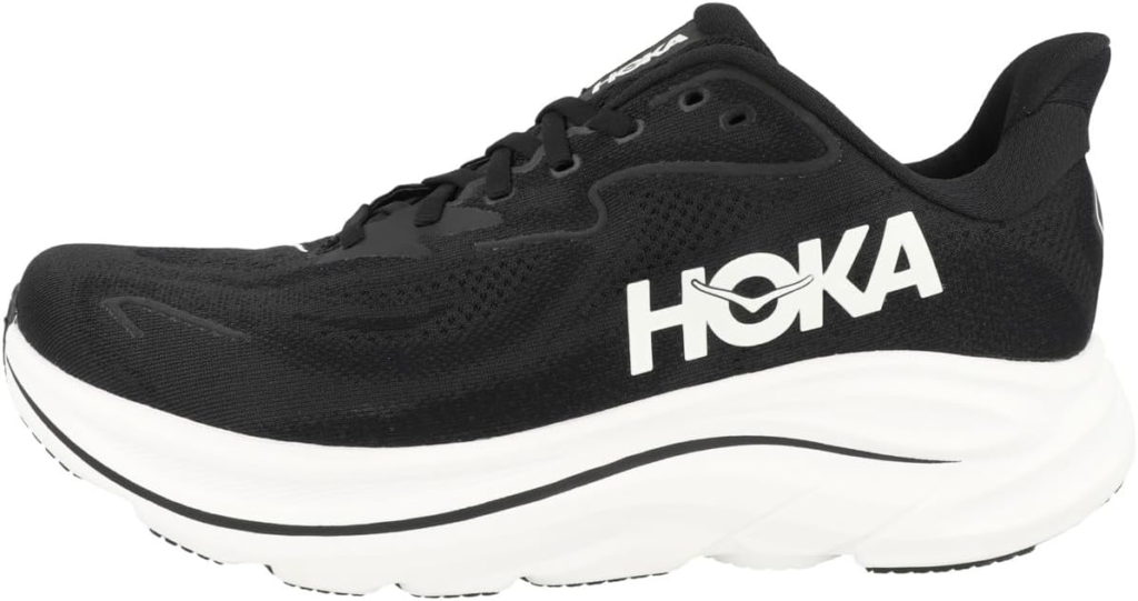 HOKA Men's Clifton 10 in black and white with plush EVA midsole for plantar fasciitis daily running