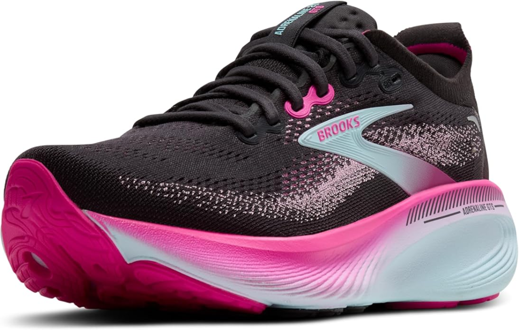 Brooks Women's Adrenaline GTS 25 in black and pink with APMA certification and GuideRails for plantar fasciitis