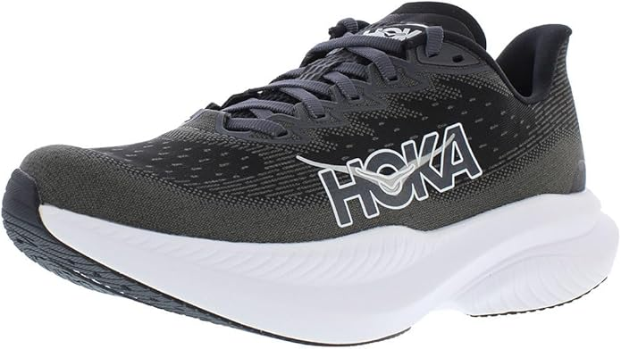 HOKA Women's Mach 6 in black and white with molded EVA and speed-tuned meta-rocker for plantar fasciitis runners