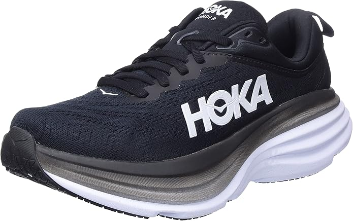 HOKA ONE ONE Women's Bondi 8 in black and white with maximum EVA cushioning for plantar fasciitis — proven model
