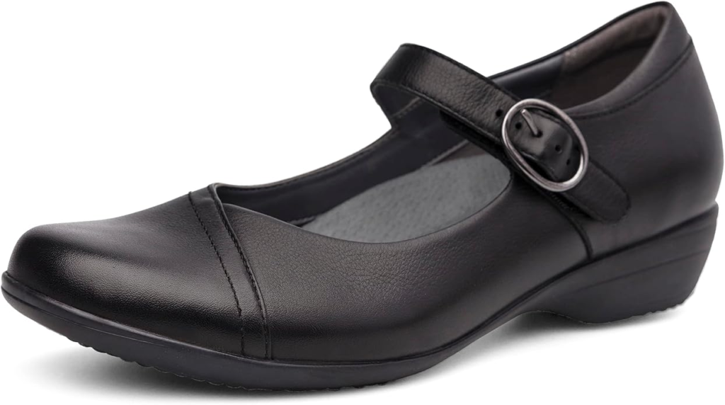 Dansko Fawna Mary Jane in black leather with removable molded EVA footbed, steel shank stability and Natural Arch technology for plantar fasciitis dress shoe comfort