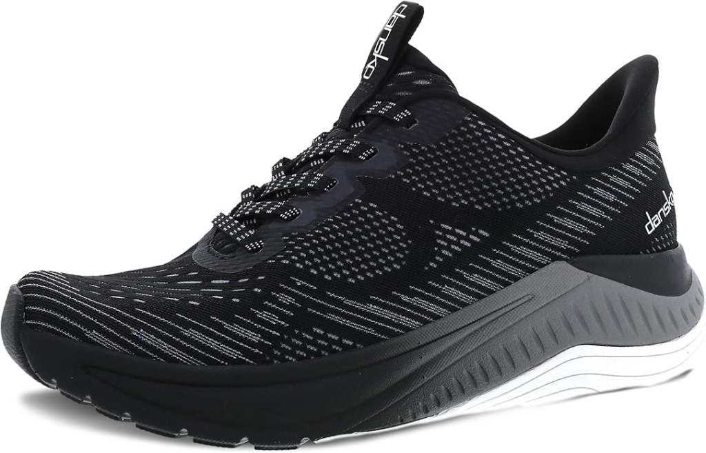Dansko Peony women's walking sneaker in black recycled mesh with energy return EVA footbed, Natural Arch Plus technology and heel shock absorption for plantar fasciitis