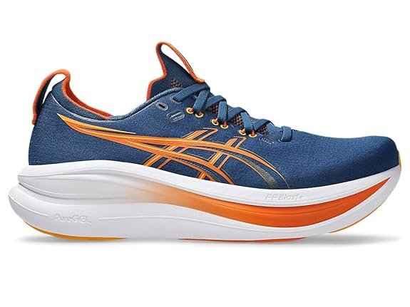 ASICS Gel-Nimbus 28 running shoes with PureGEL cushioning, FF BLAST PLUS ECO foam, and breathable comfort for blister-free long runs.