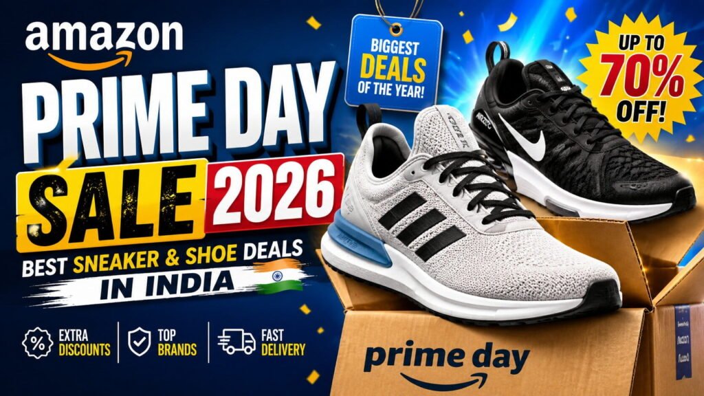 Amazon Prime Day Sale 2026: Best Shoe Deals in India — Running, Formal & Sports Shoes 1 Amazon Prime Day Sale 2026 banner featuring the best sneaker and shoe deals in India with up to 70% off on top running, casual, and sports footwear brands.