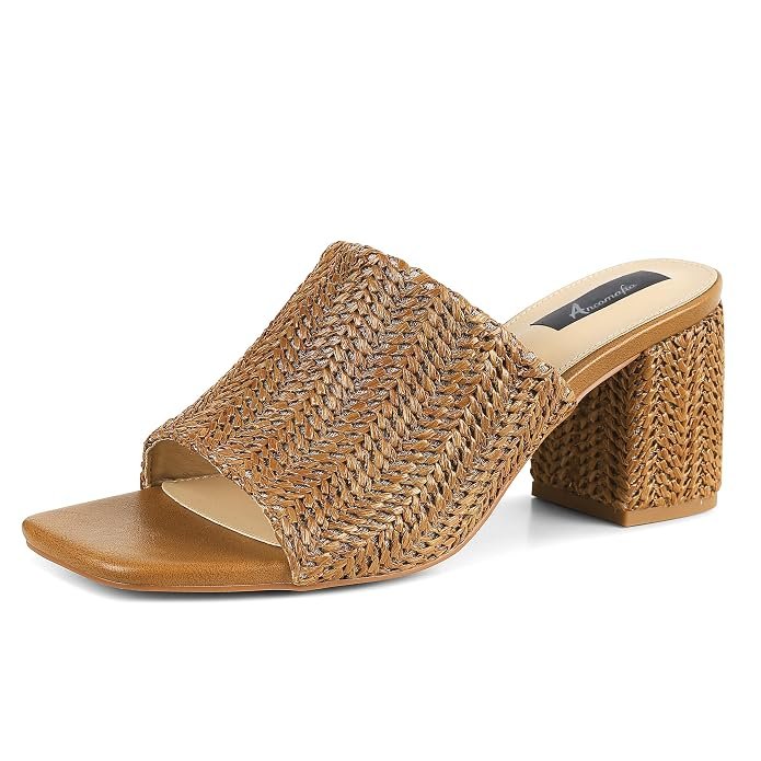 Buy Ancomafio raffia heeled sandals in tan for women with chunky block heel