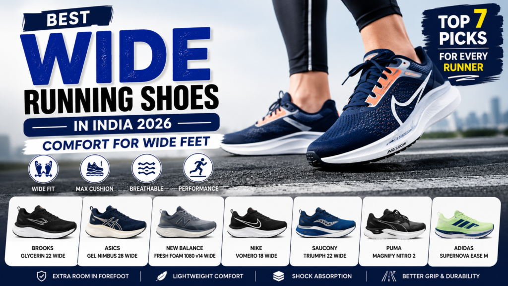 Best Wide Running Shoes in India 2026 featuring Brooks, ASICS, New Balance, Nike, Saucony, Puma, and Adidas for maximum comfort and wide feet.