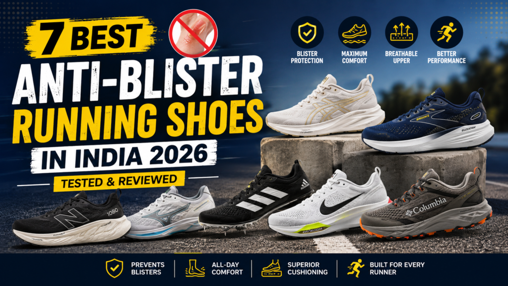 Best Anti-Blister Running Shoes India 2026 featuring top running shoes designed to reduce friction, prevent blisters, and provide maximum comfort for road and trail running.