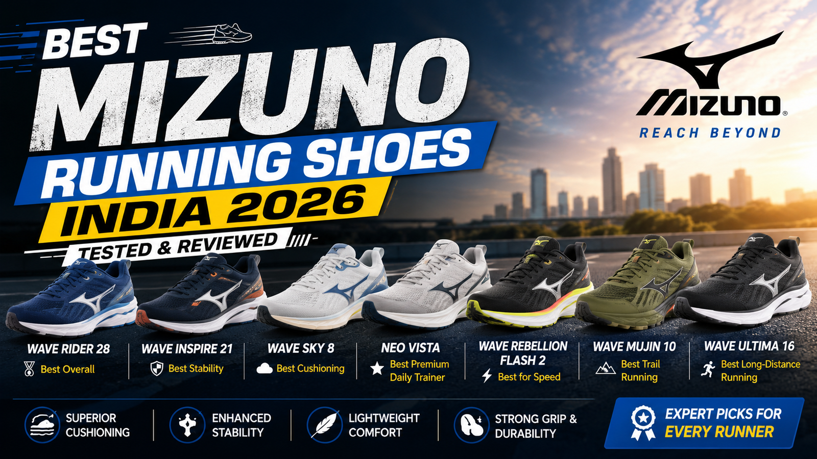 Best Mizuno Running Shoes India 2026 featuring top Mizuno running shoes for cushioning, stability, speed training, trail running, and daily road running.