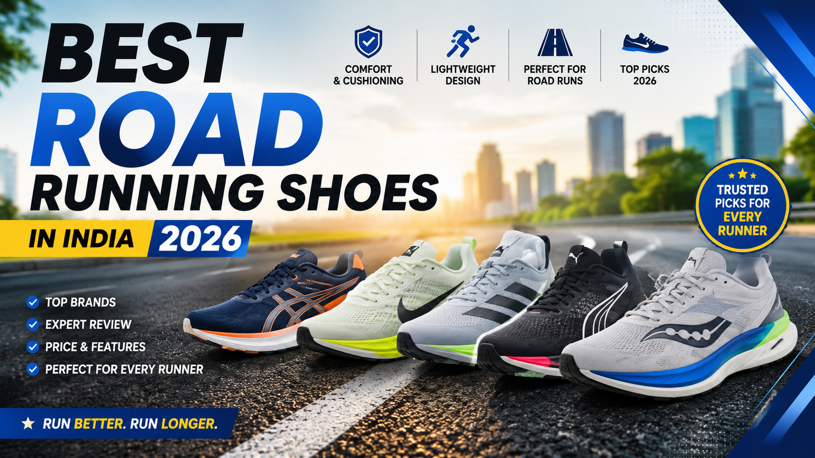 Best Road Running Shoes in India 2026 comparison featuring top running shoes for comfort, cushioning and daily road running.