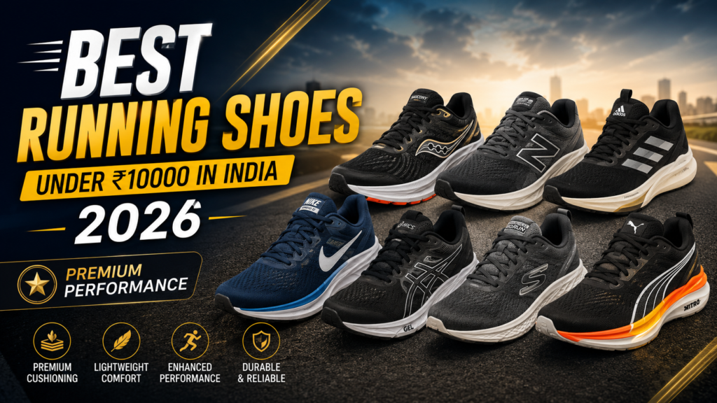 Best Running Shoes Under ₹10000 India 2026 featuring premium running shoes from ASICS, Nike, adidas, PUMA, New Balance, Saucony, and Skechers for comfort and performance.