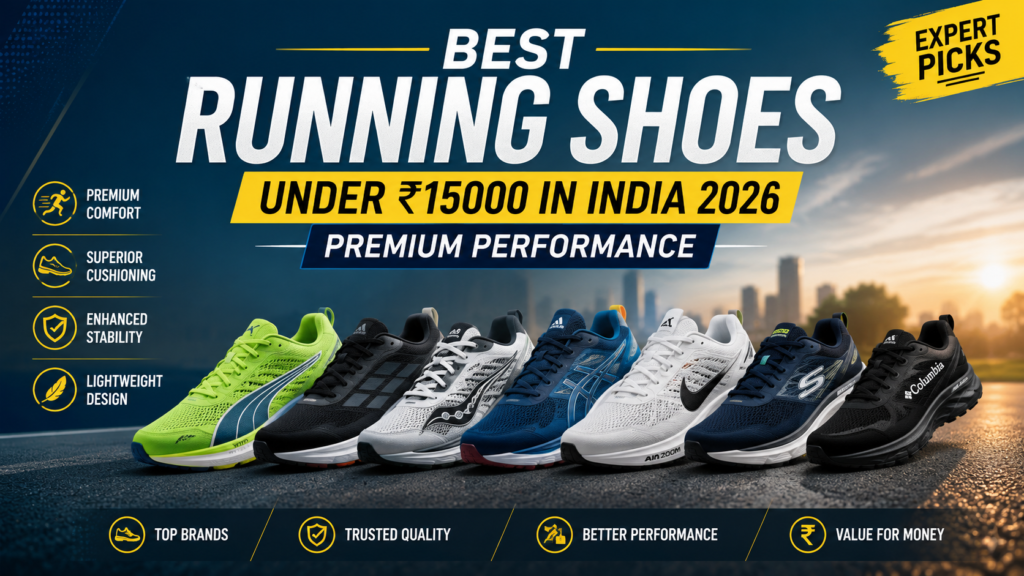 Best Running Shoes Under ₹15000 India 2026 featuring premium running shoes from Nike, ASICS, adidas, PUMA, Saucony, Skechers, and Columbia for superior comfort and performance.
