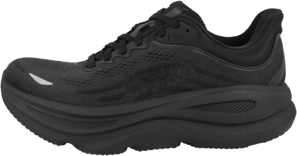 Hoka Bondi 9 women's walking shoe in black with max-cushion EVA midsole and breathable engineered mesh upper