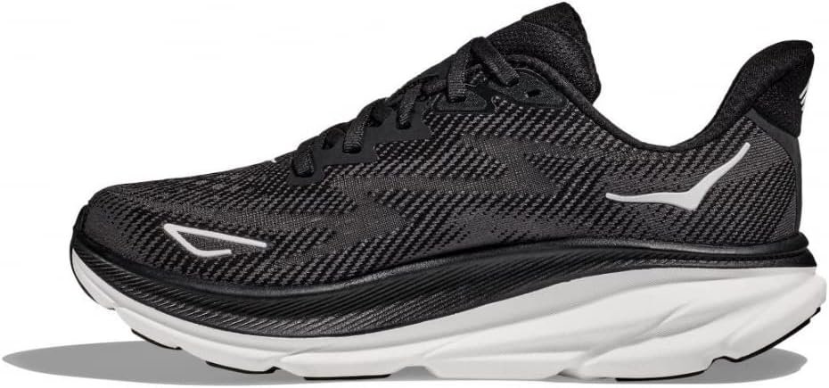 Hoka Clifton 9 women's walking shoe in black white, balanced cushioning and rocker geometry ideal for plantar fasciitis relief