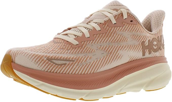 Hoka Clifton 9 women's walking shoe in sandstone cream, vegan-friendly mesh upper with lightweight, balanced cushioning