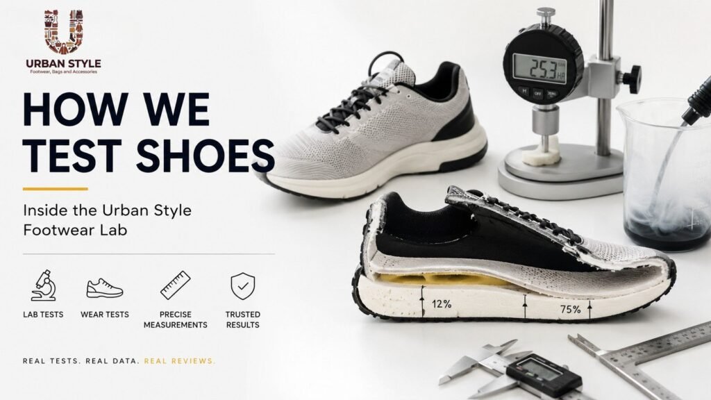 How We Test Shoes hero banner showing a running shoe, cutaway shoe cross section, and footwear lab testing equipment at Urban Style Footwear