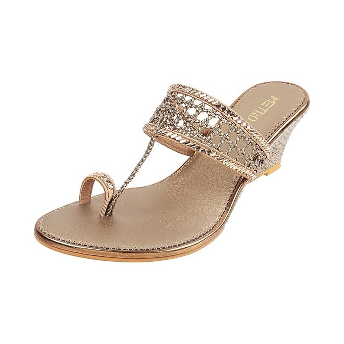 Metro Women's Gold Ethnic Faux Leather Slip On Fashion Heel Sandals Buy Metro Antique block heel sandals in gold for women with ethnic design