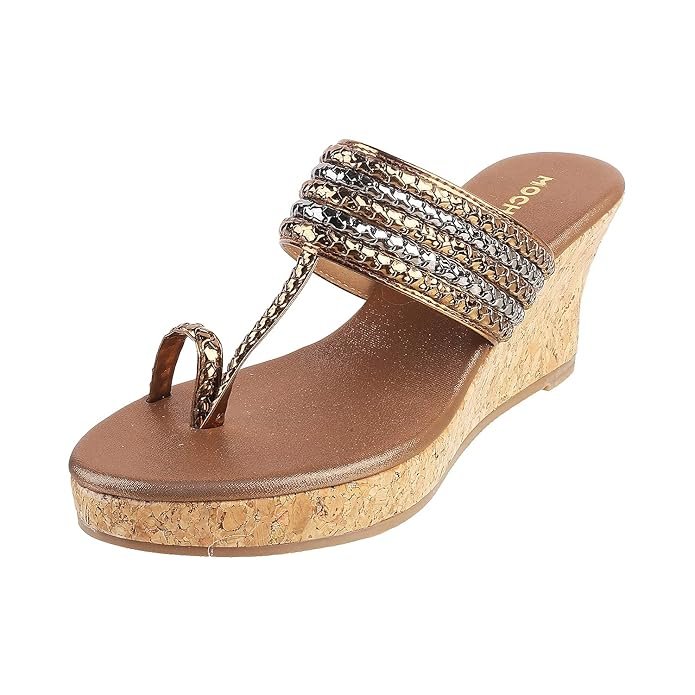 Mochi Women Synthetic Sandals Buy Mochi wedge sandals in gold for women with ethnic design