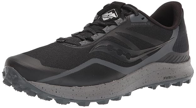 Saucony Men's Peregrine 12 Trail Running Shoes in Black with aggressive grip outsole for hiking and off-road running.