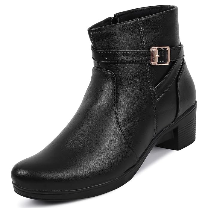 Buy TRASE faux leather ankle boots in black for women with zipper closure