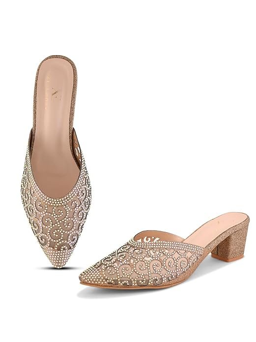 XE Looks Women’s Rhinestone Embellished Pointed Toe Mule Heels Buy XE Looks embellished sandals in gold for women with rhinestone design