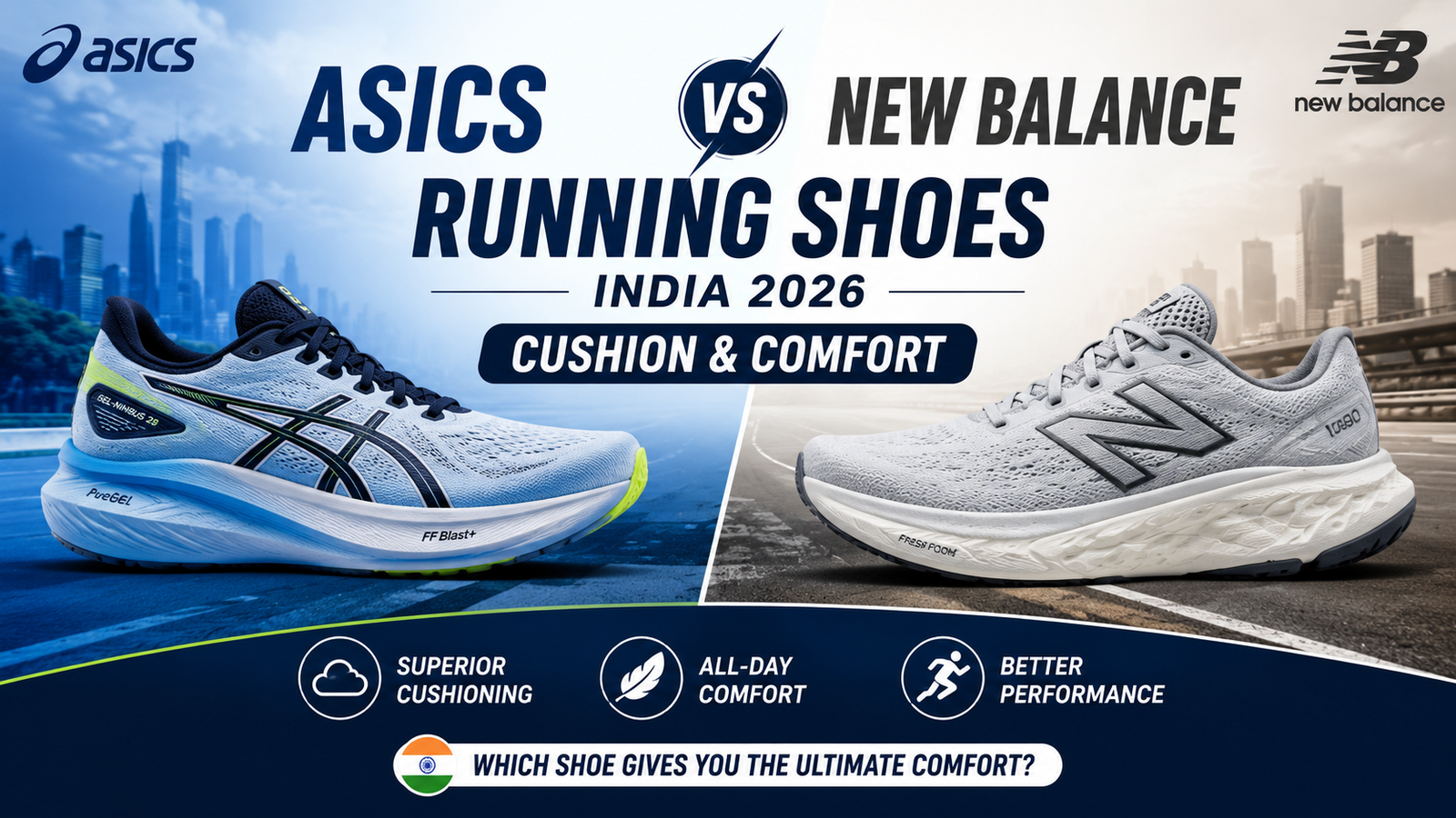 ASICS vs New Balance Running Shoes India 2026 comparison featuring premium running shoes for cushioning, comfort, and performance.
