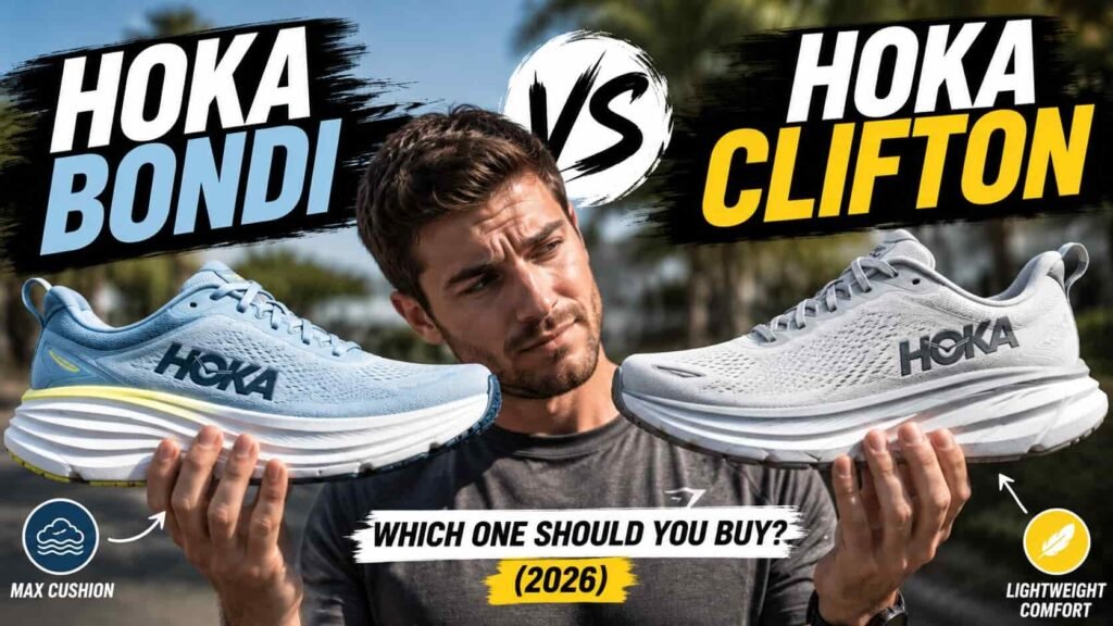 Hoka Bondi vs Clifton comparison featuring a runner holding both Hoka running shoes to compare cushioning, comfort, and performance for walking and running in 2026.