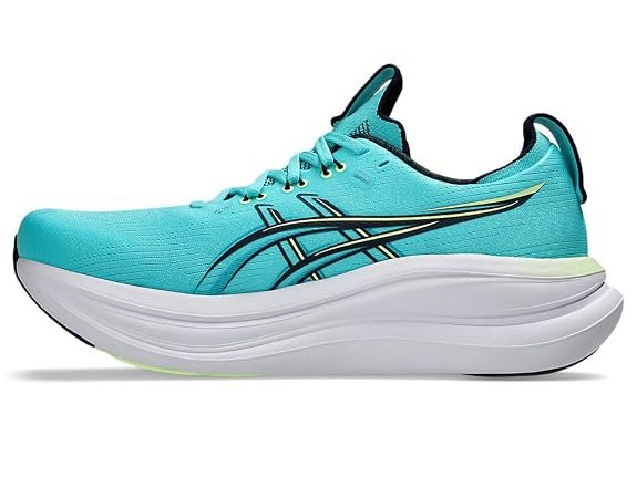 ASICS Gel-Nimbus 28 running shoes with PureGEL technology, FF BLAST PLUS ECO cushioning, and breathable mesh upper for marathon runners.