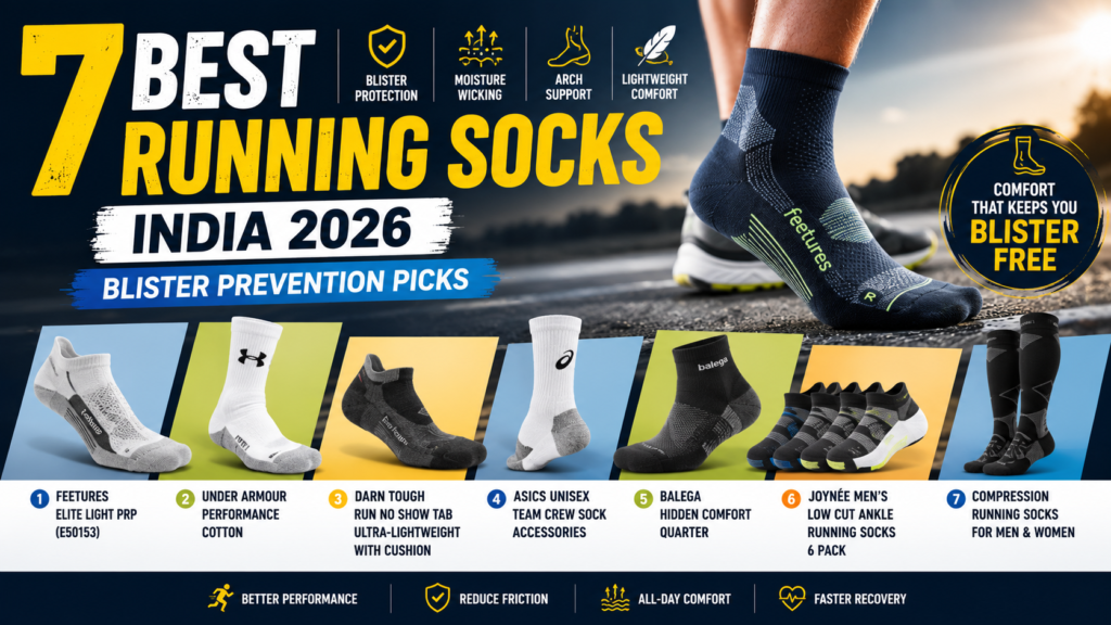 Featured image of the 7 Best Running Socks India 2026 showcasing top anti-blister running socks with moisture-wicking fabric, arch support, and cushioned comfort for runners.