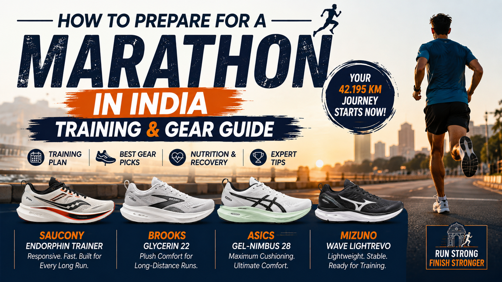 Featured image for How to Prepare Marathon India – Training & Gear Guide showcasing marathon training, running gear, and top running shoes for long-distance runners in India.