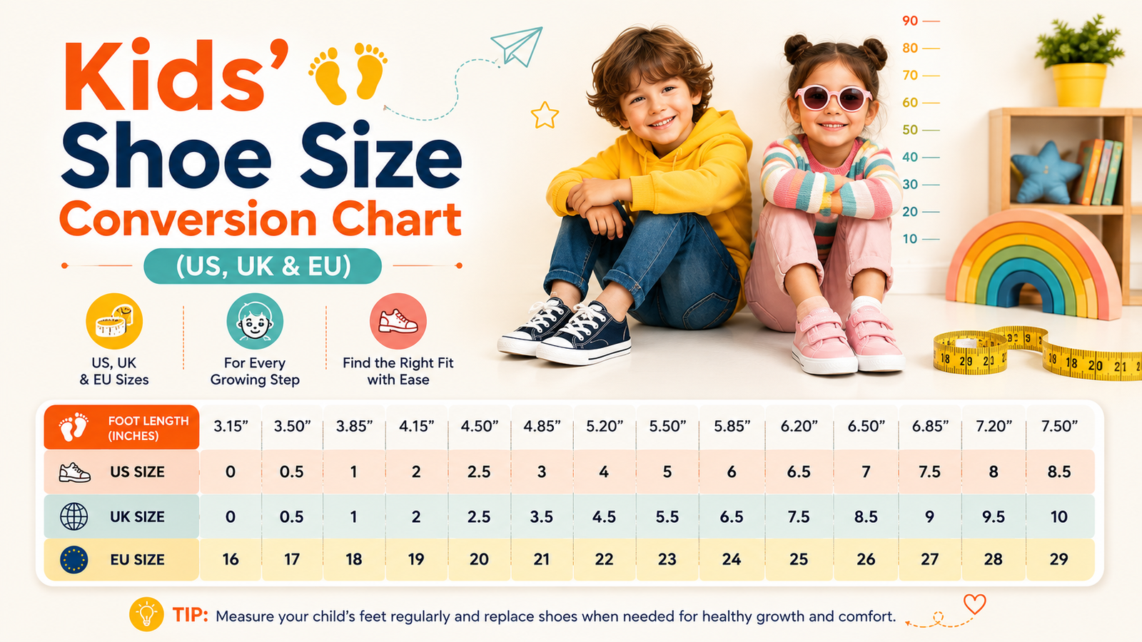 Kids Shoe Size Conversion Chart (US, UK & EU)