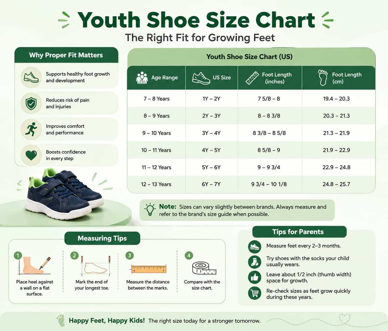 Youth shoe size age range guide for children's footwear