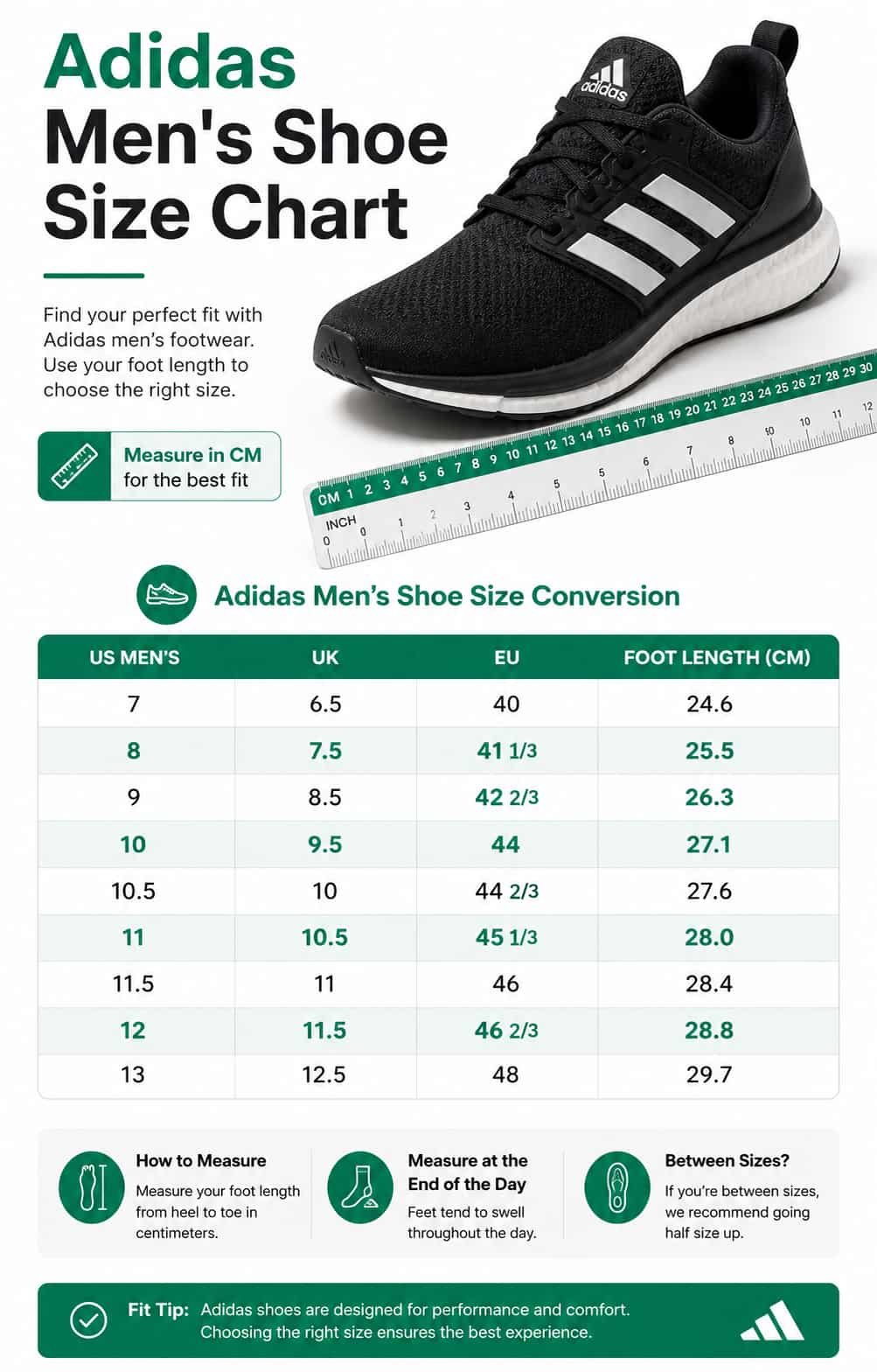 Adidas men's shoe size chart with US UK EU and centimeter conversion