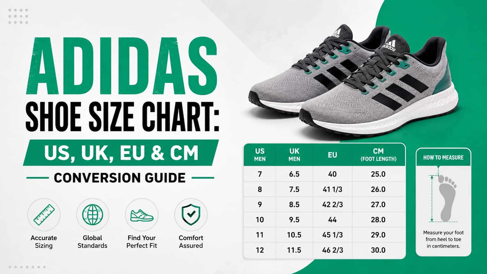 Adidas shoe size chart showing US UK EU and CM men's shoe size conversion