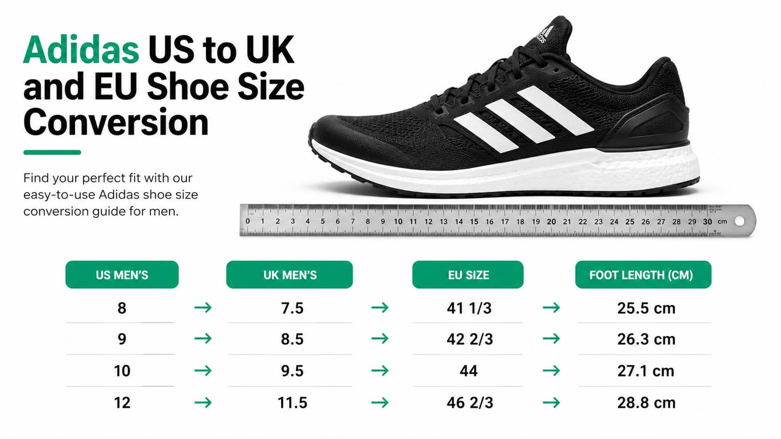 Adidas US UK EU shoe size conversion chart with centimeter measurements