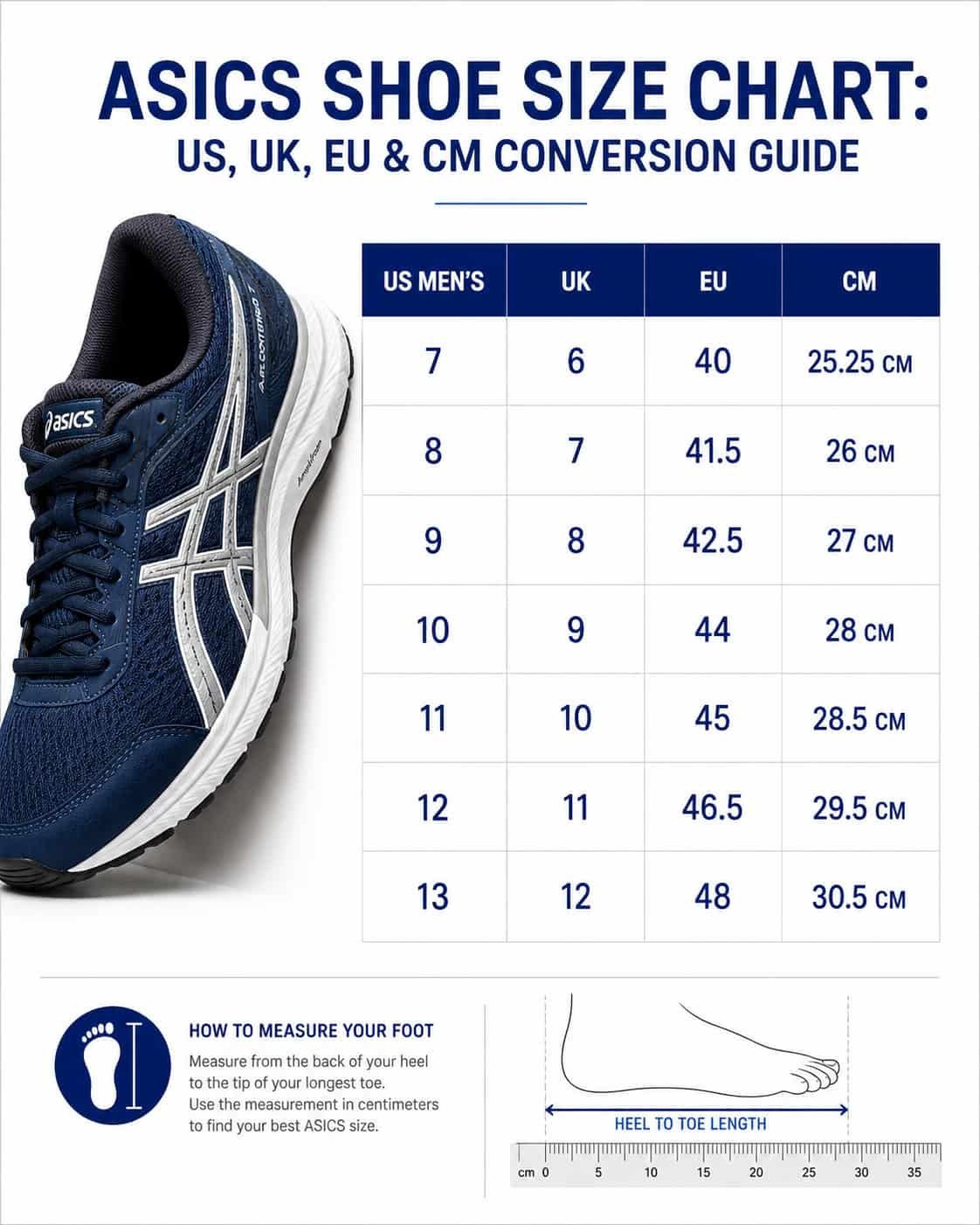 ASICS men's shoe size chart with US UK EU and CM conversion table
