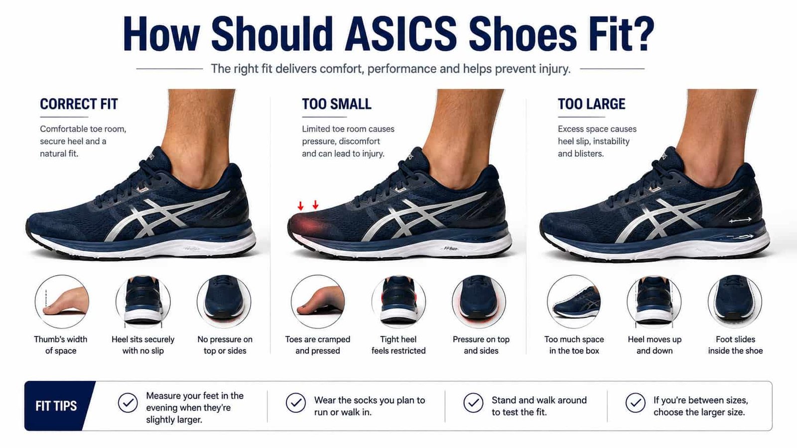 ASICS shoe fit guide showing correct fit too small and too large
