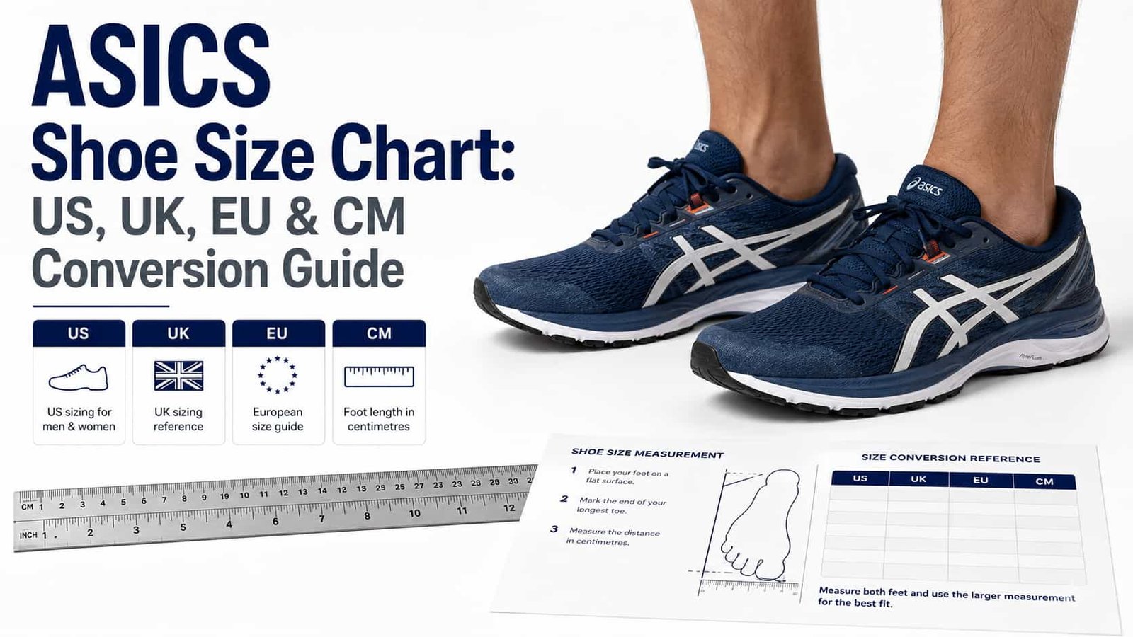 ASICS shoe size chart showing men's US, UK, EU and CM shoe size conversion